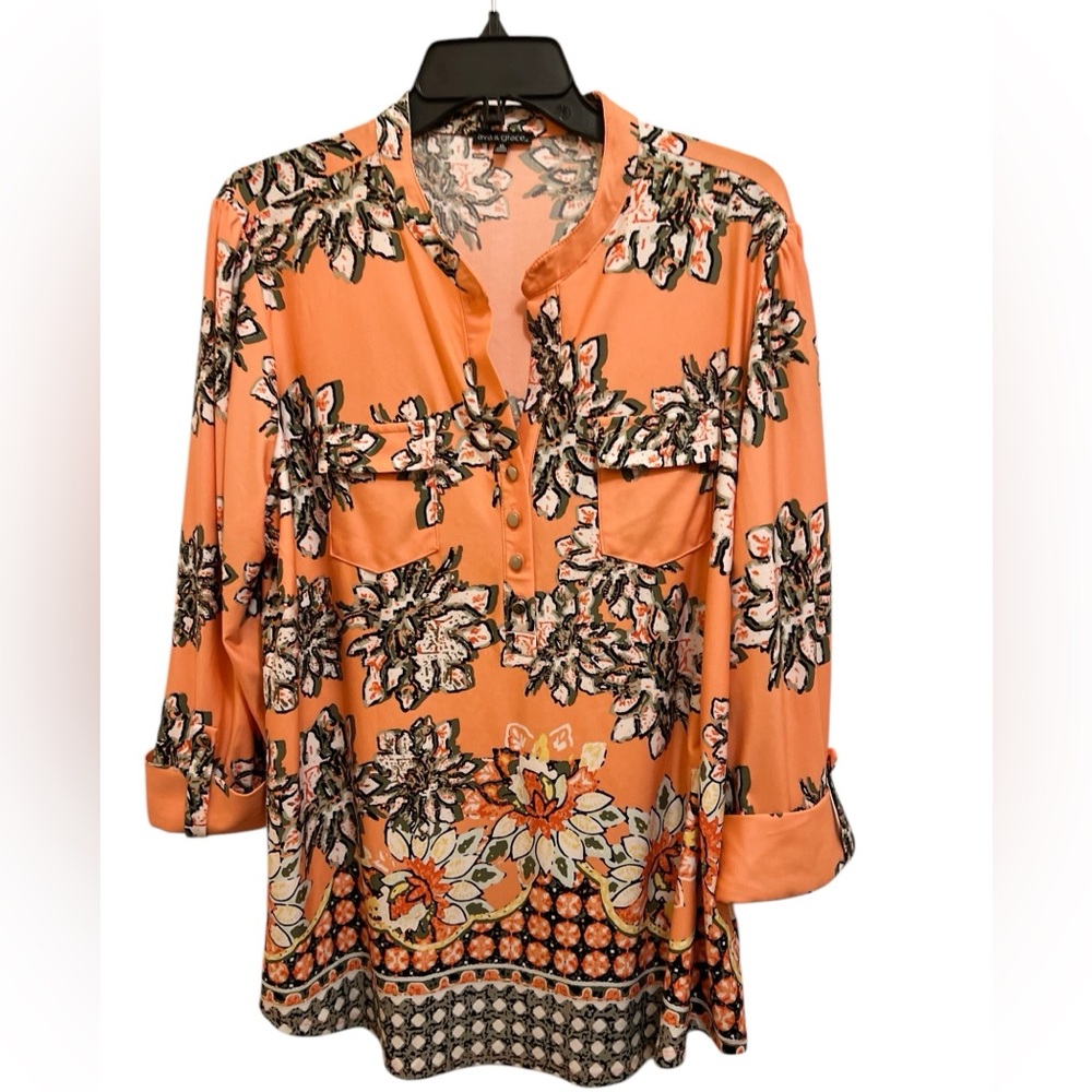 Ava & Grace Women’s XL Mandarin Collar, 4 Button Down, Convertible Sleeve Top